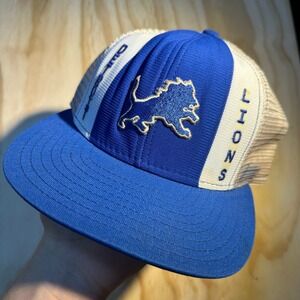 Vintage Detroit Lions Lucky Stripes Trucker Hat Blue White Mesh Snapback USA